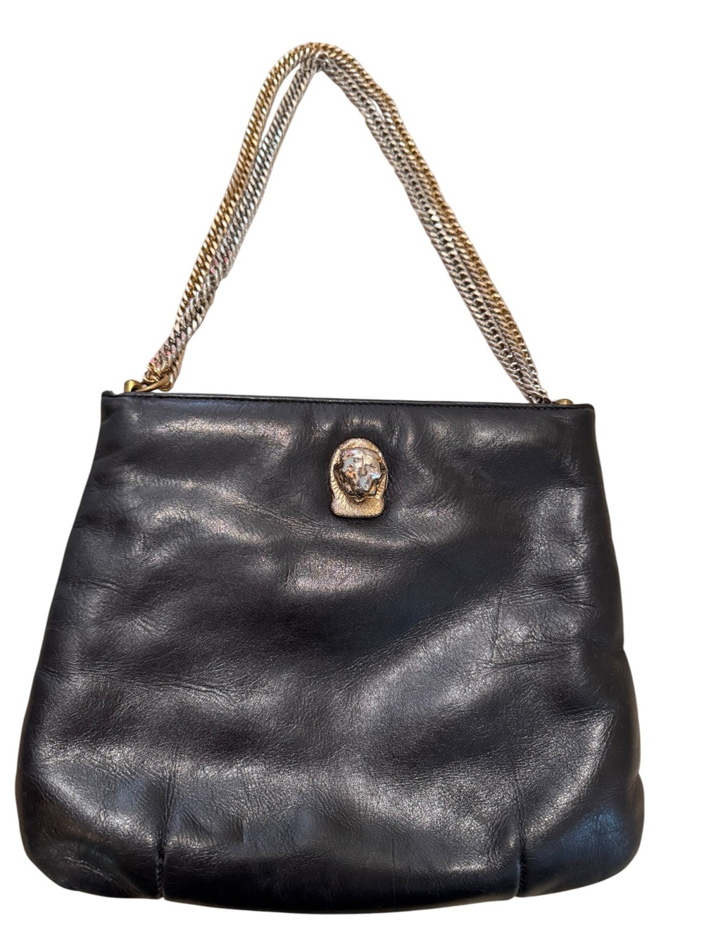 Ruth Saltz Vintage Black Leather Lion Cougar Head Metal Chain Strap Bag Purse
